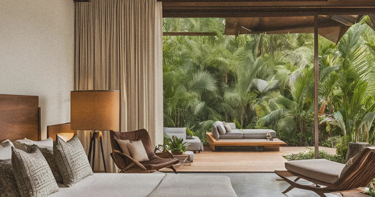 Bali bedroom with sliding doors opening to a jungle-view lounge, featuring earth tones and natural wood