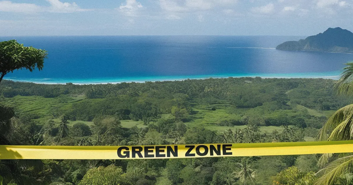 Large plot of green land in Bali with an ocean view, marked with yellow tape labeled 'Green Zone,' indicating building restrictions.