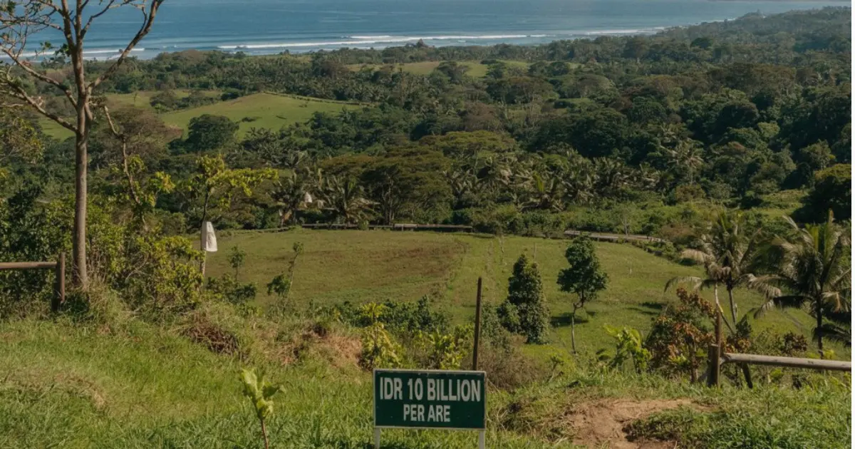Expensive ocean-view land for sale in Bali with a sign displaying '10 million per are' pricing, reflecting the rising real estate costs.