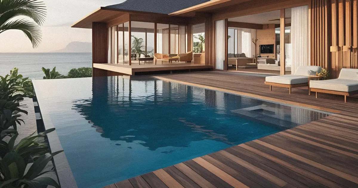 Mid-century modern oceanfront villa in Bali featuring warm wood tones, an infinity pool, and a spacious deck overlooking the sea.