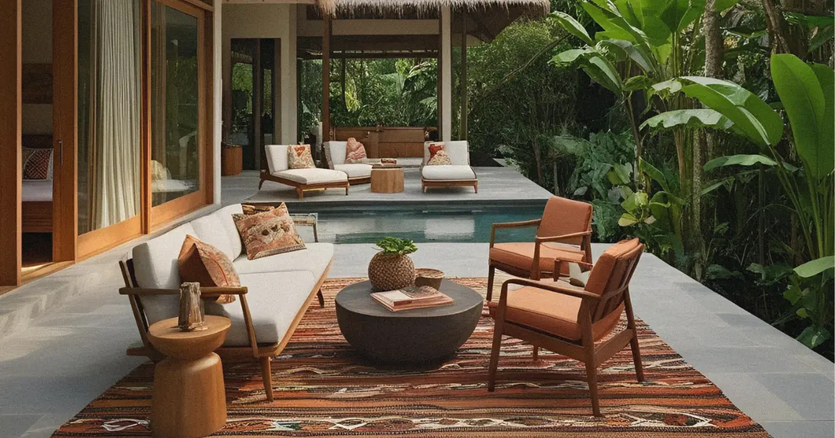 Stunning boho-chic outdoor pool area staged in Bali villa with earth tones, kilim rug, and elegant furniture