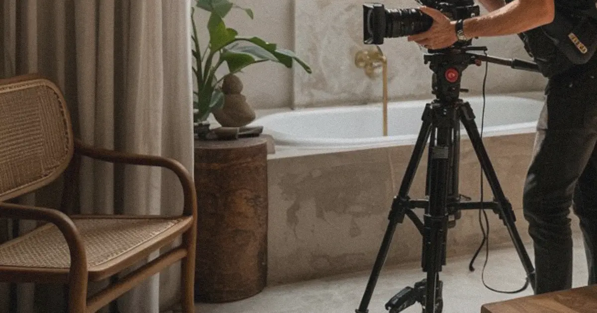 Person operating a film camera on a tripod inside a stylish earth-toned Bali villa with a wicker chair and concrete tub