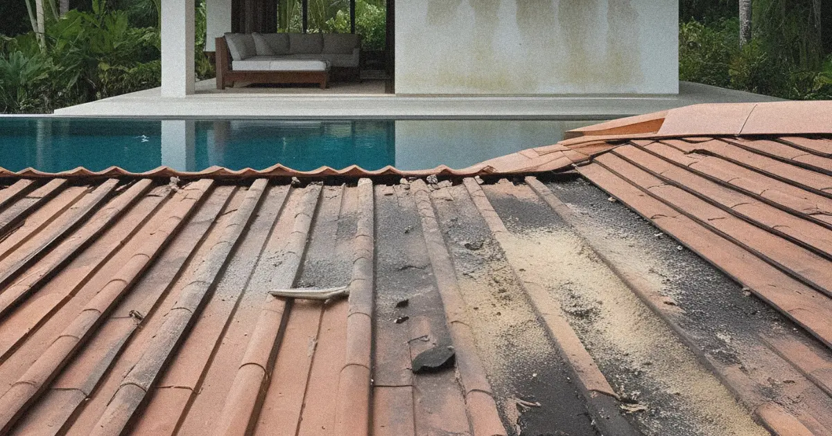 Damaged rooftop on a Bali villa with loose terracotta tiles, possible mold and termite damage, and a pool in the background.
