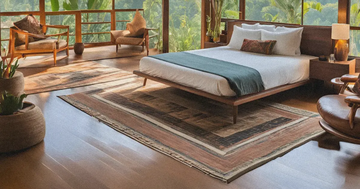 Eco-luxury retreat bedroom with reclaimed wood beams, earth tones, and jungle views.
