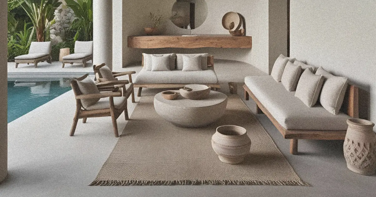 Outdoor seating area in a Bali villa with reclaimed teak furniture, natural stone, and neutral linens in wabi sabi style