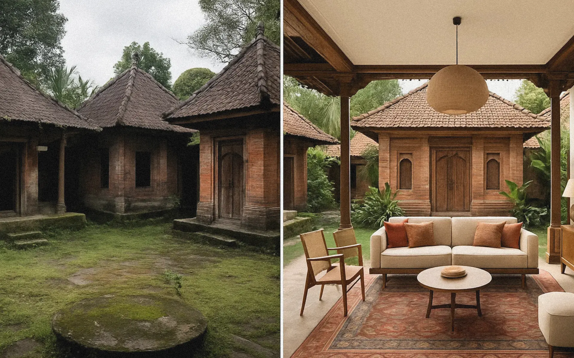 Comparison of a traditional Bali house before and after renovation.