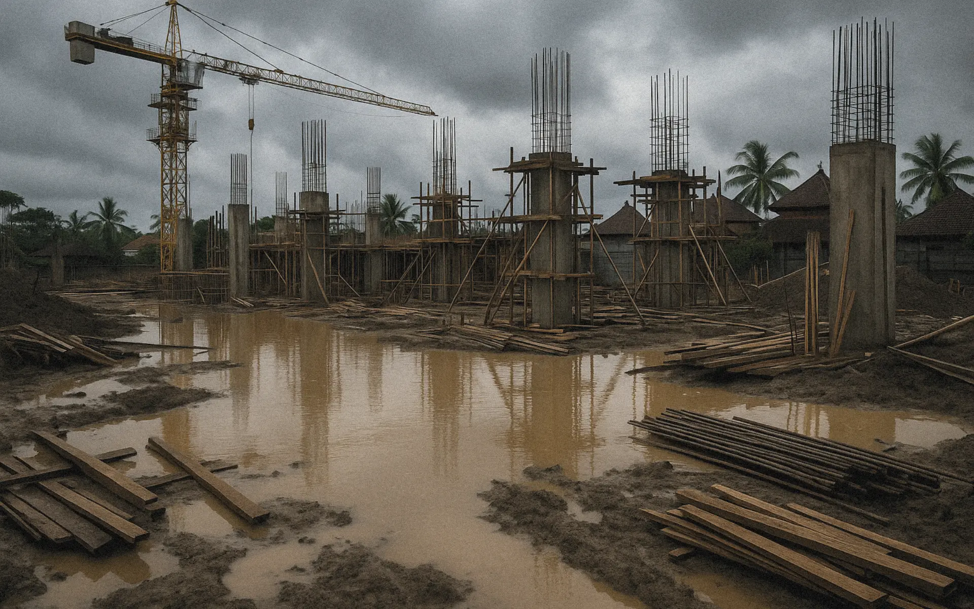 Flooded Bali construction site with crane scaffolding muddy water gray skies tropical setting
