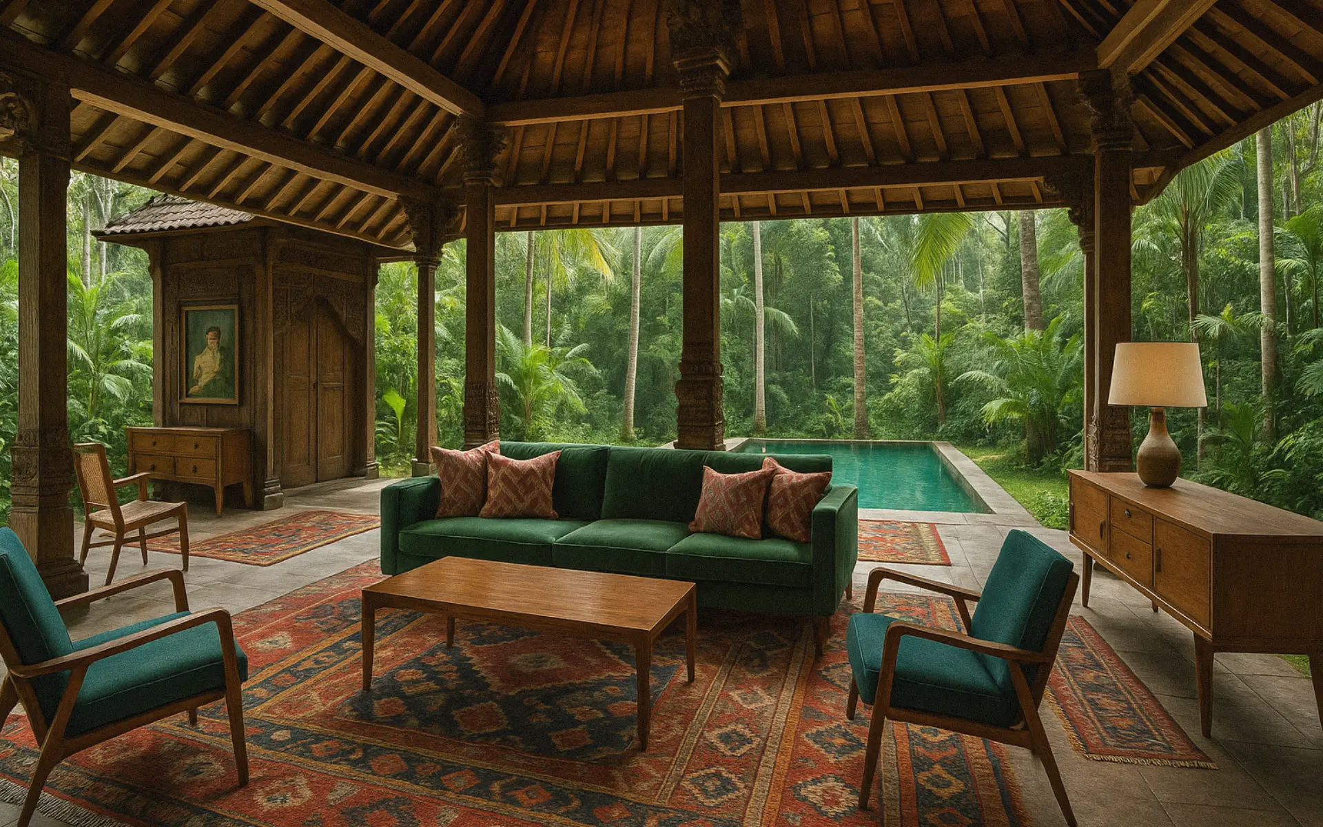 Interior of a traditional joglo in Bali with jungle views, green velvet sofa, and kilim rugs.