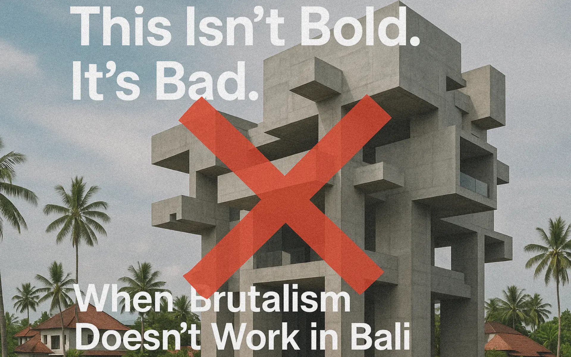 A towering, blocky brutalist concrete building in a tropical Balinese setting, visually clashing with traditional homes and palm trees, overlaid with a large red “X” and the text: “This Isn’t Bold. It’s Bad. When Brutalism Doesn’t Work in Bali.”