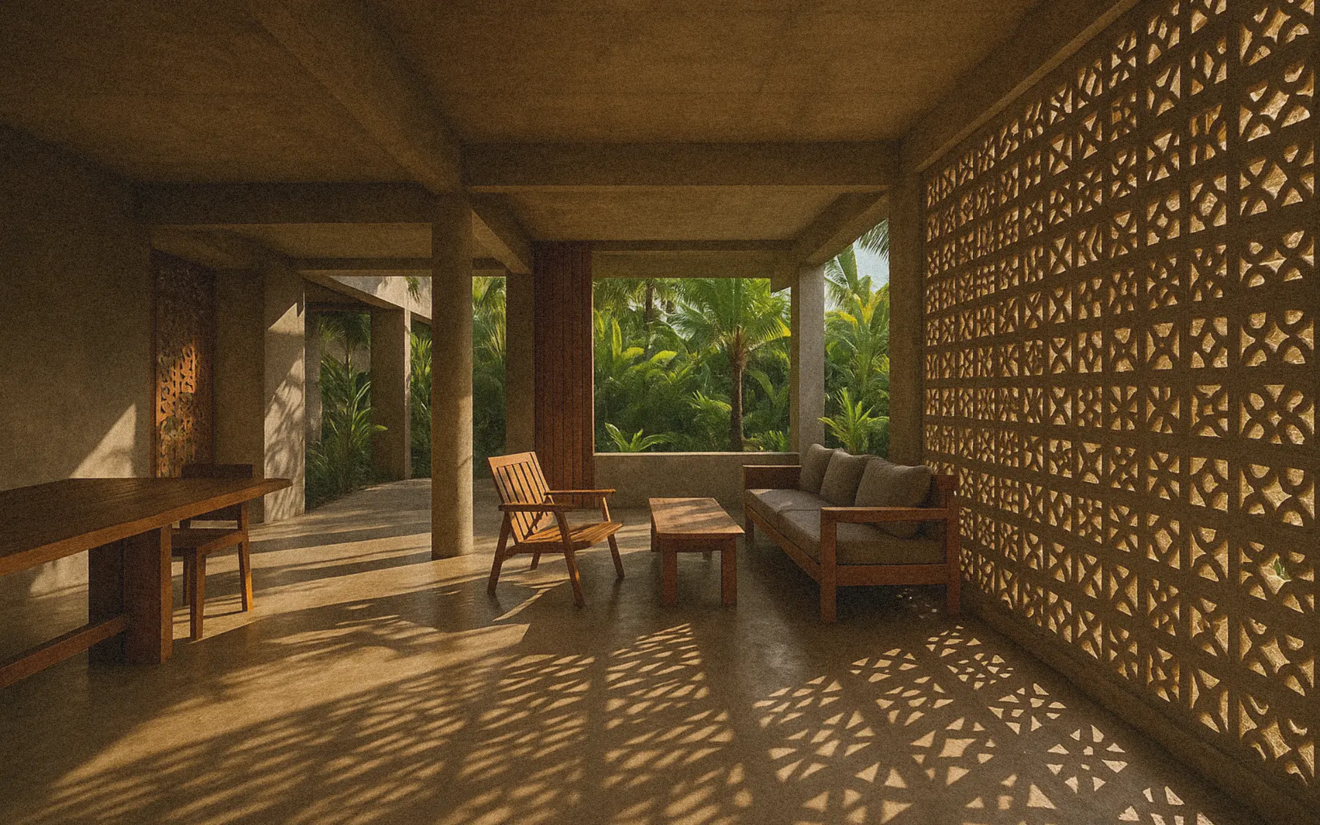 Tropical brutalist interior in Bali with exposed concrete walls, breeze blocks, and wooden furniture overlooking lush jungle.