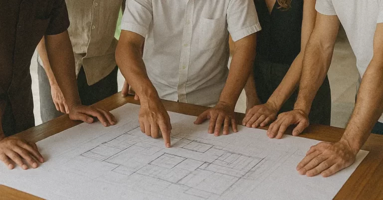 Four people collaborating on architectural plans at a drafting table.