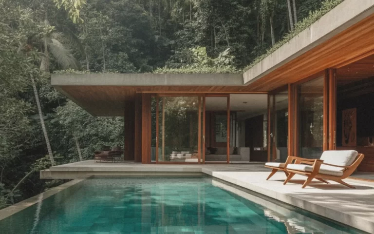 Mid-century modern wood concrete house L-shape infinity pool Bali jungle Ubud architectural design