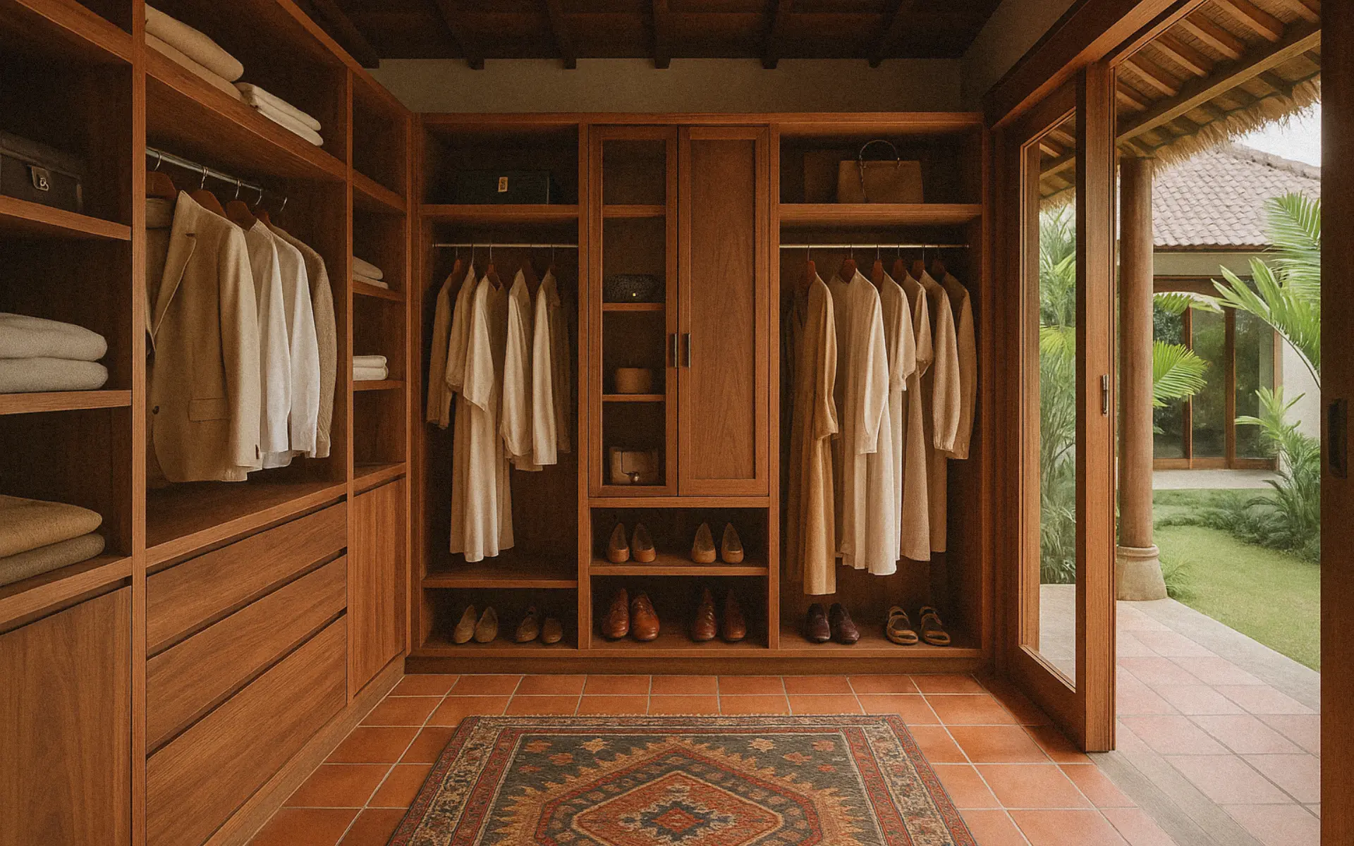 Organized teak wood walk-in closet Bali villa cream robes shoes handbags jungle courtyard view
