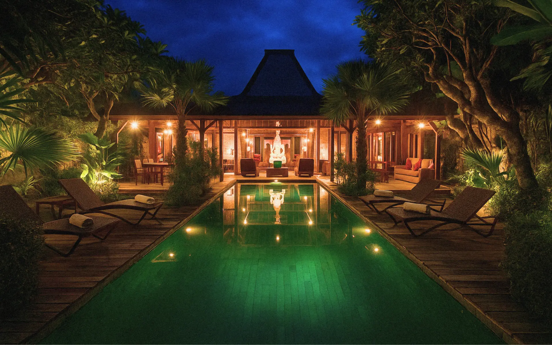 Evening view of a joglo lit warmly, reflecting in a tropical pool.