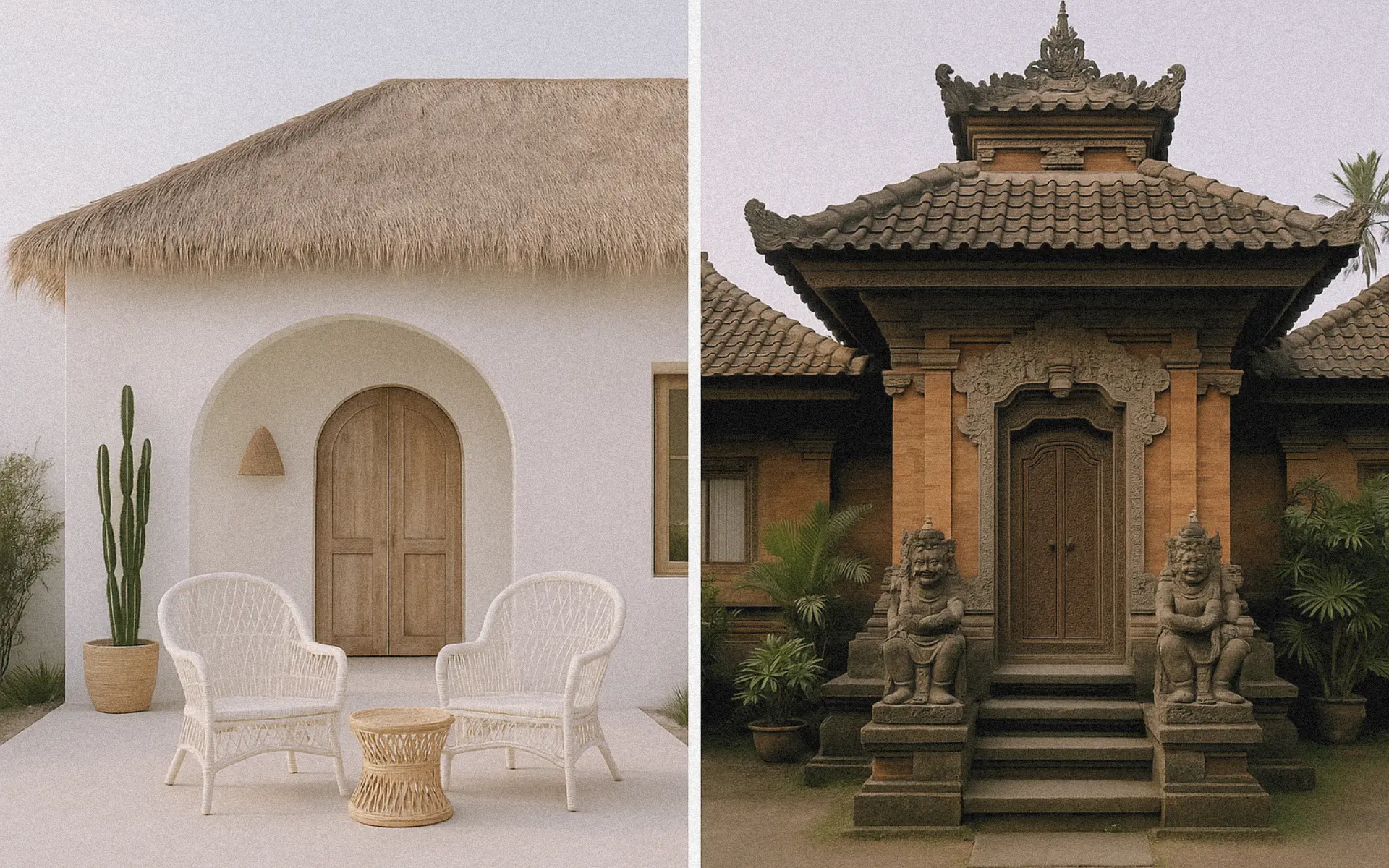 Western-style boho villa with white rattan chairs next to traditional Balinese architecture, editorial-style contrast image