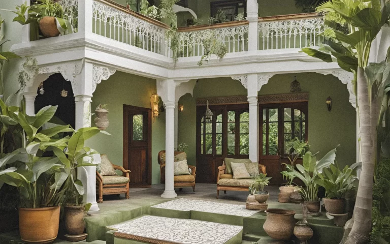 White colonial style house in the tropics with wood doors and lots of tropical plants.