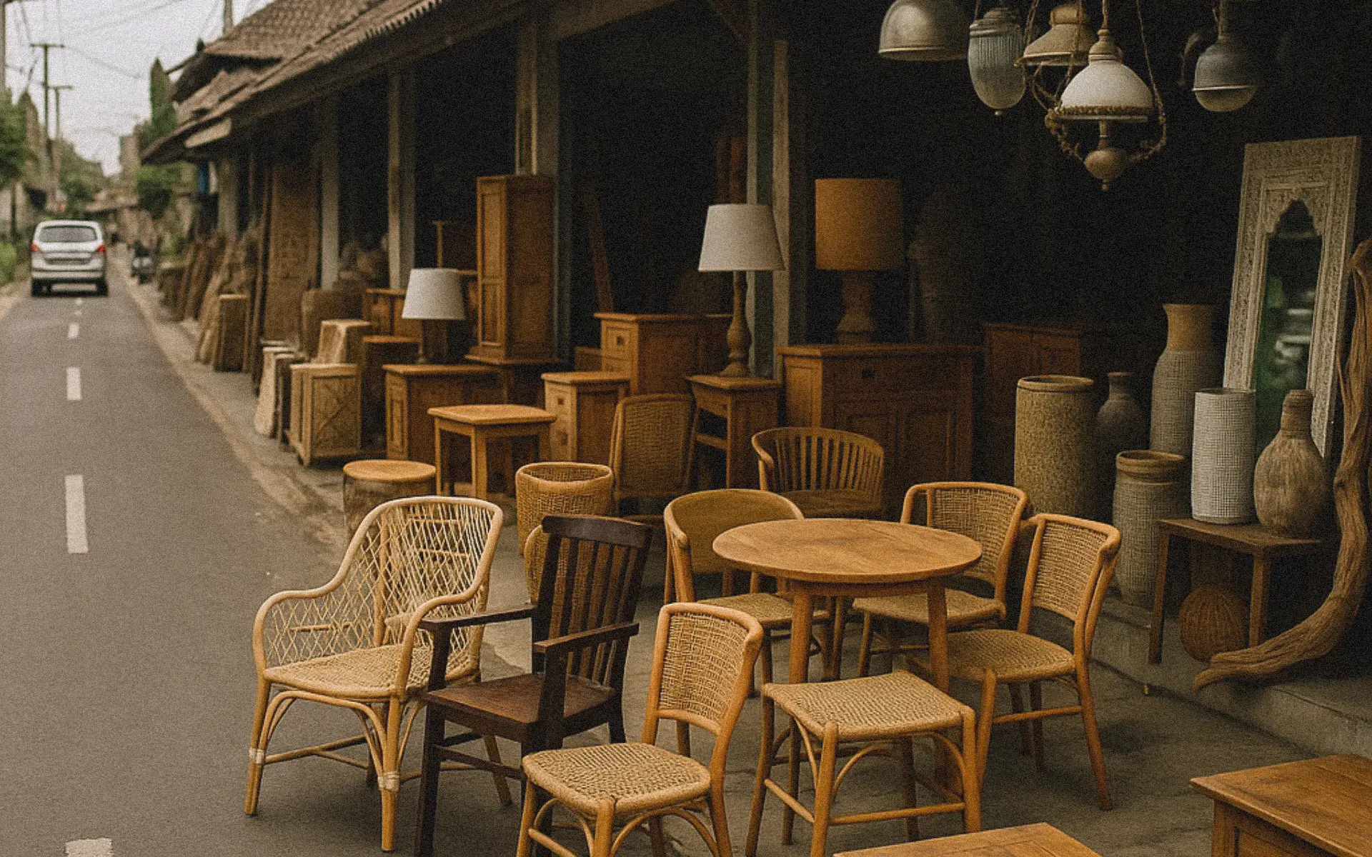 Bali roadside furniture shop displaying teak and rattan chairs, tables, chests, and hanging lanterns.