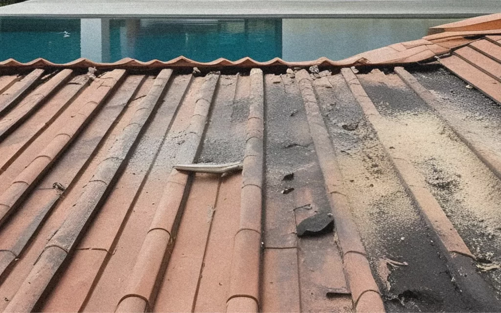 Crumbling Bali villa roof with termite damage, overlooking a pool in the background.