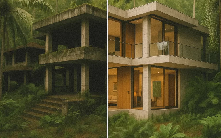 Side-by-side comparison of a moss-covered concrete jungle villa in Bali and its polished renovation with glass walls and wood details
