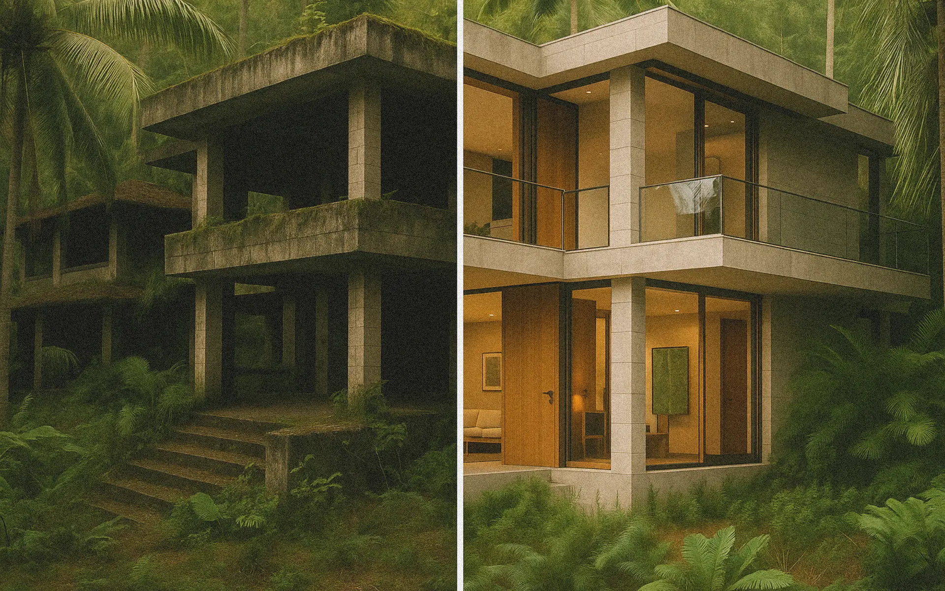 Side-by-side comparison of a moss-covered concrete jungle villa in Bali and its polished renovation with glass walls and wood details