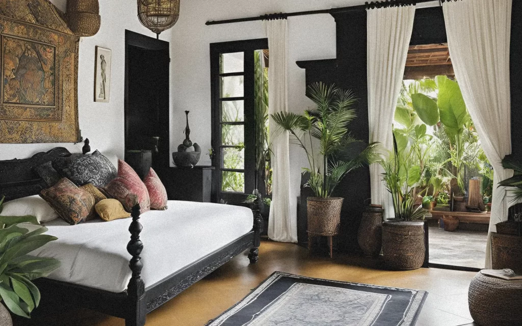 Bright colonial-inspired Bali bedroom with bohemian accents, tiled floor, plants, and lantern lighting.