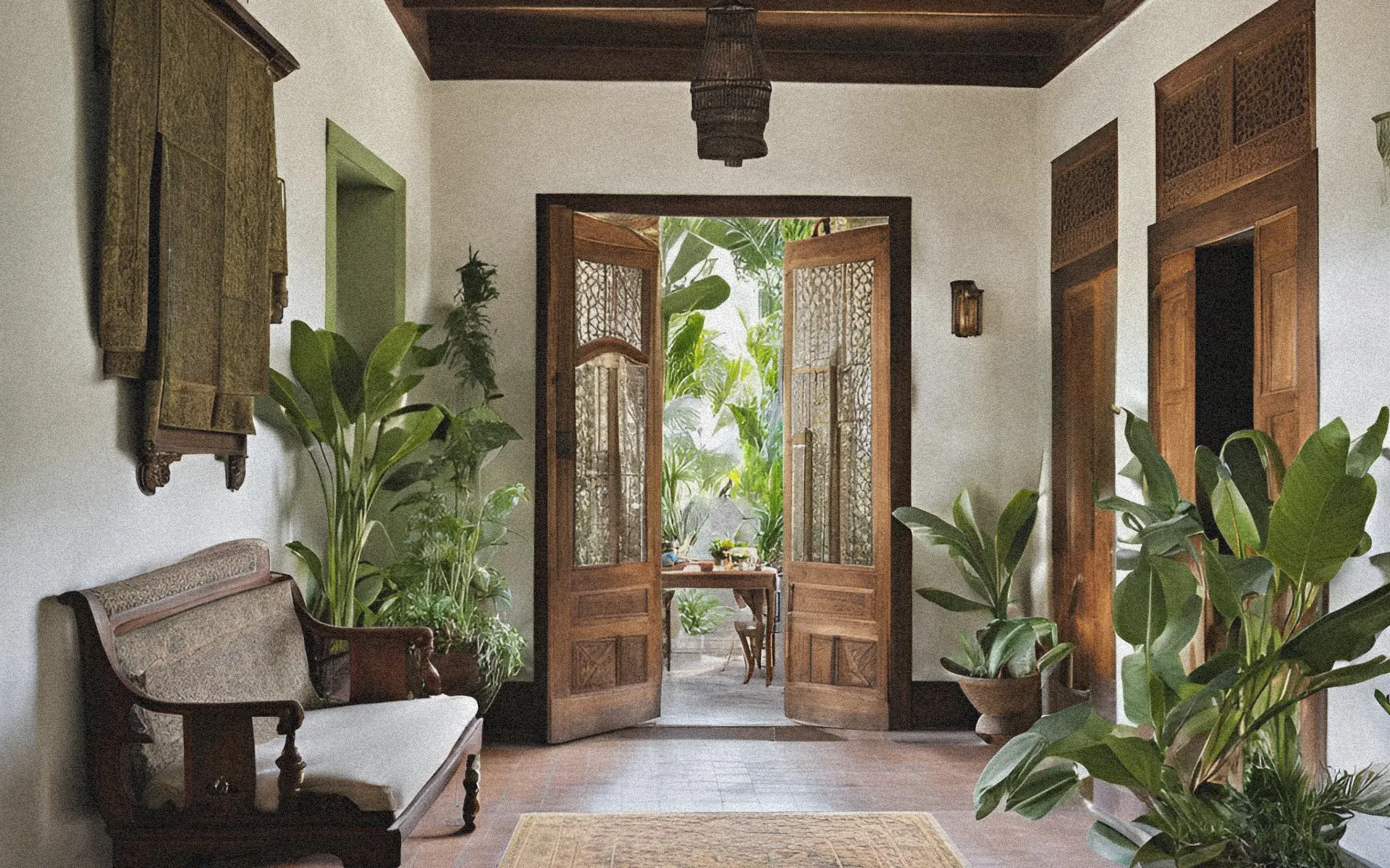 Conceptual image of a Bohemian Interior of a refurbished Balinese House with teak doors, traditional benches, plants, and open airy feel