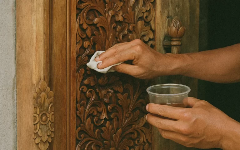 Close-up of a hand polishing a carved teak Balinese door with oil.