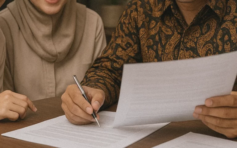 Closeup of notaris in batik shirt signing Bali renovation permits with a client in traditional Indonesian attire.