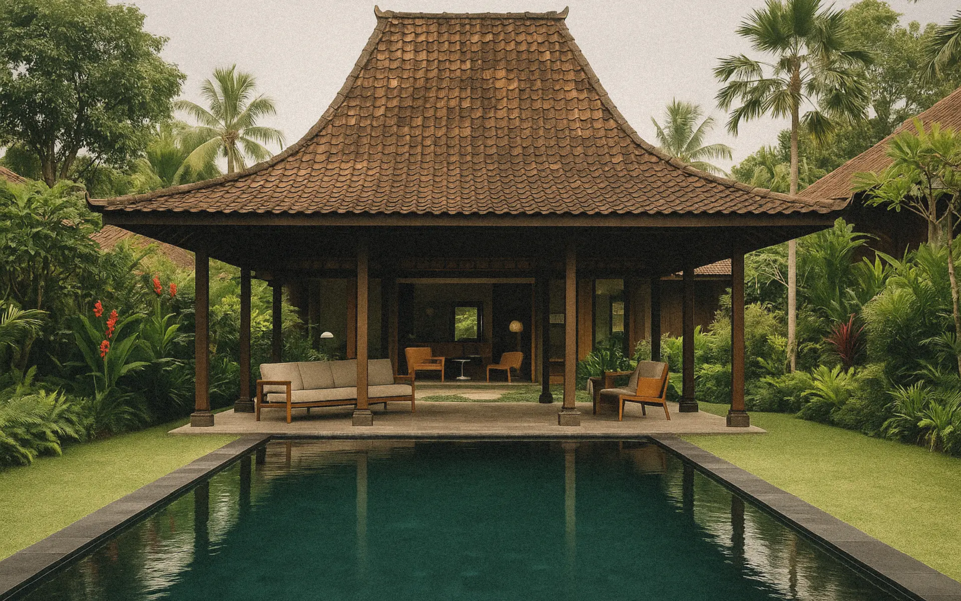 An AI image of a joglo with an infinity pool in front and traditional Bali landscaping