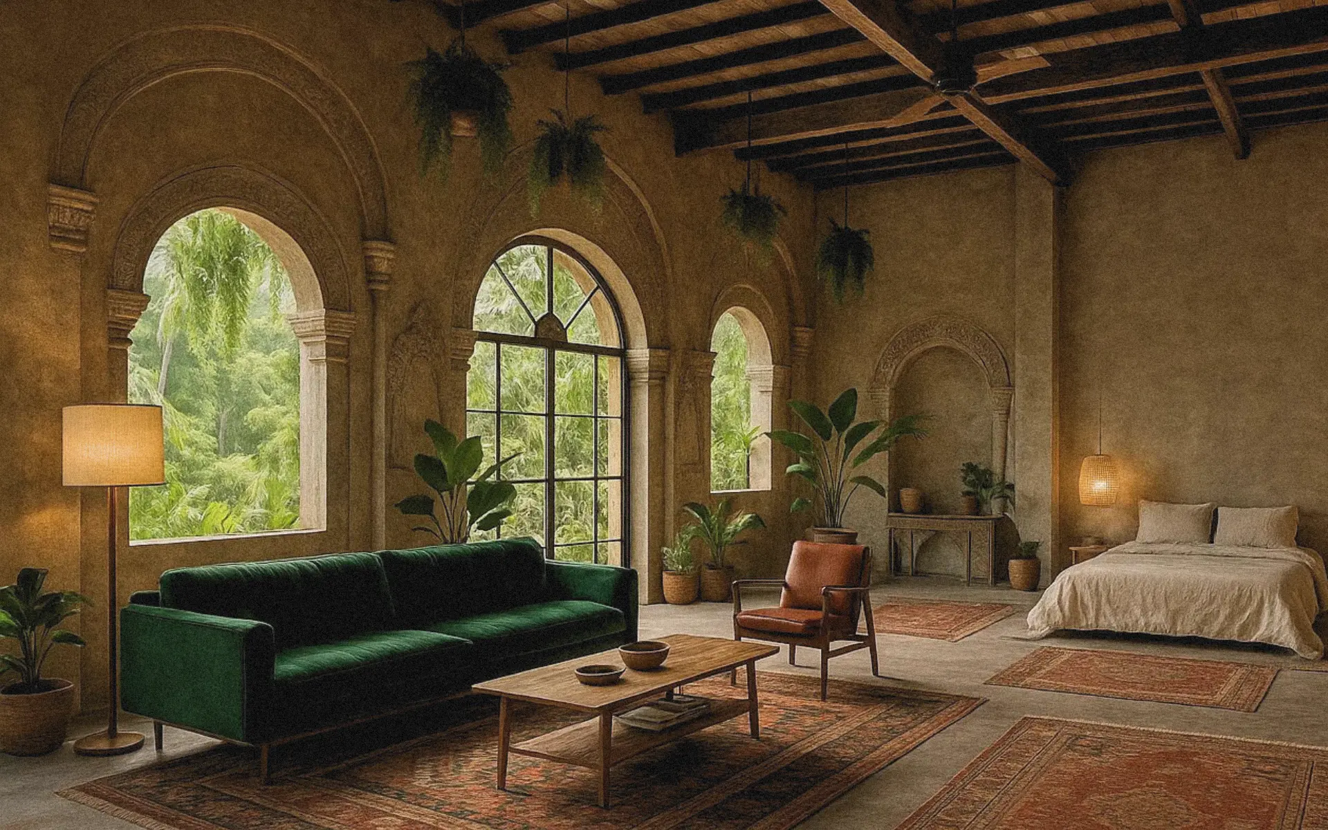 Balinese loft with exposed concrete walls, carved stone windows, kilim rugs, and mid-century accents