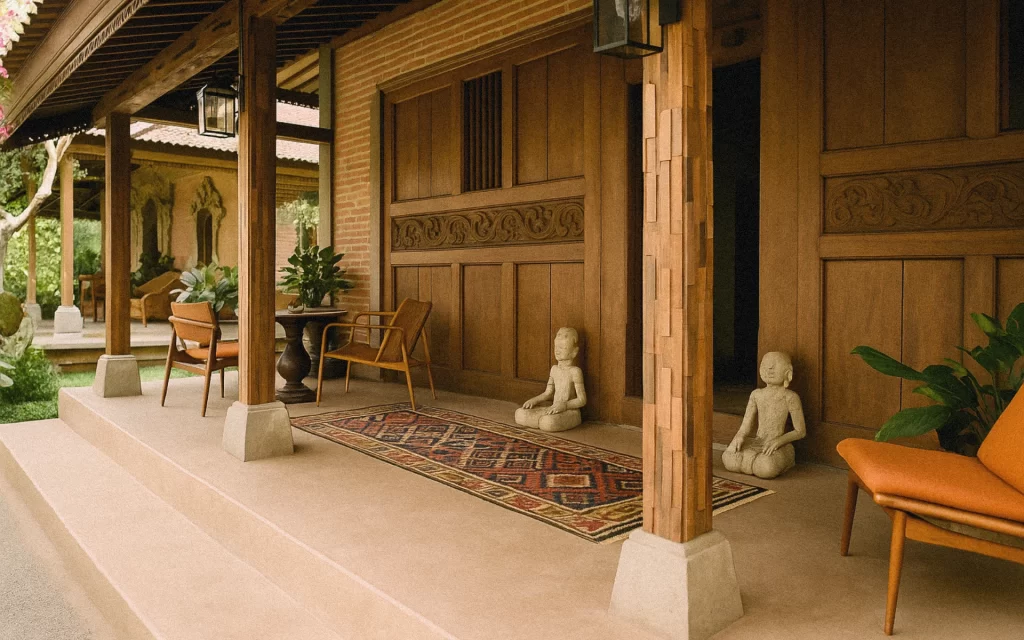 Version two of renovated Balinese compound patio with mid-century furniture, kilim rug, and lush landscaping.