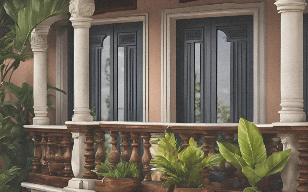 Restored Dutch colonial-style Bali villa balcony with white columns, peach walls, and tropical greenery.