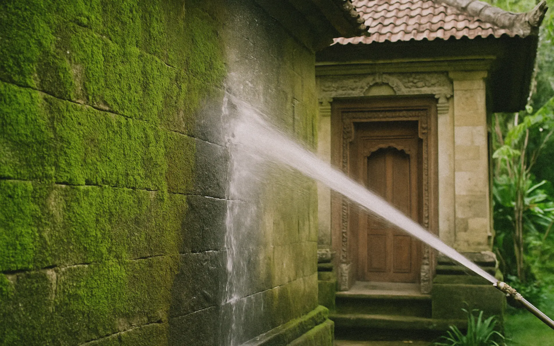 Hose spraying water onto a moss-covered Balinese wall, showing clean versus mossy areas.