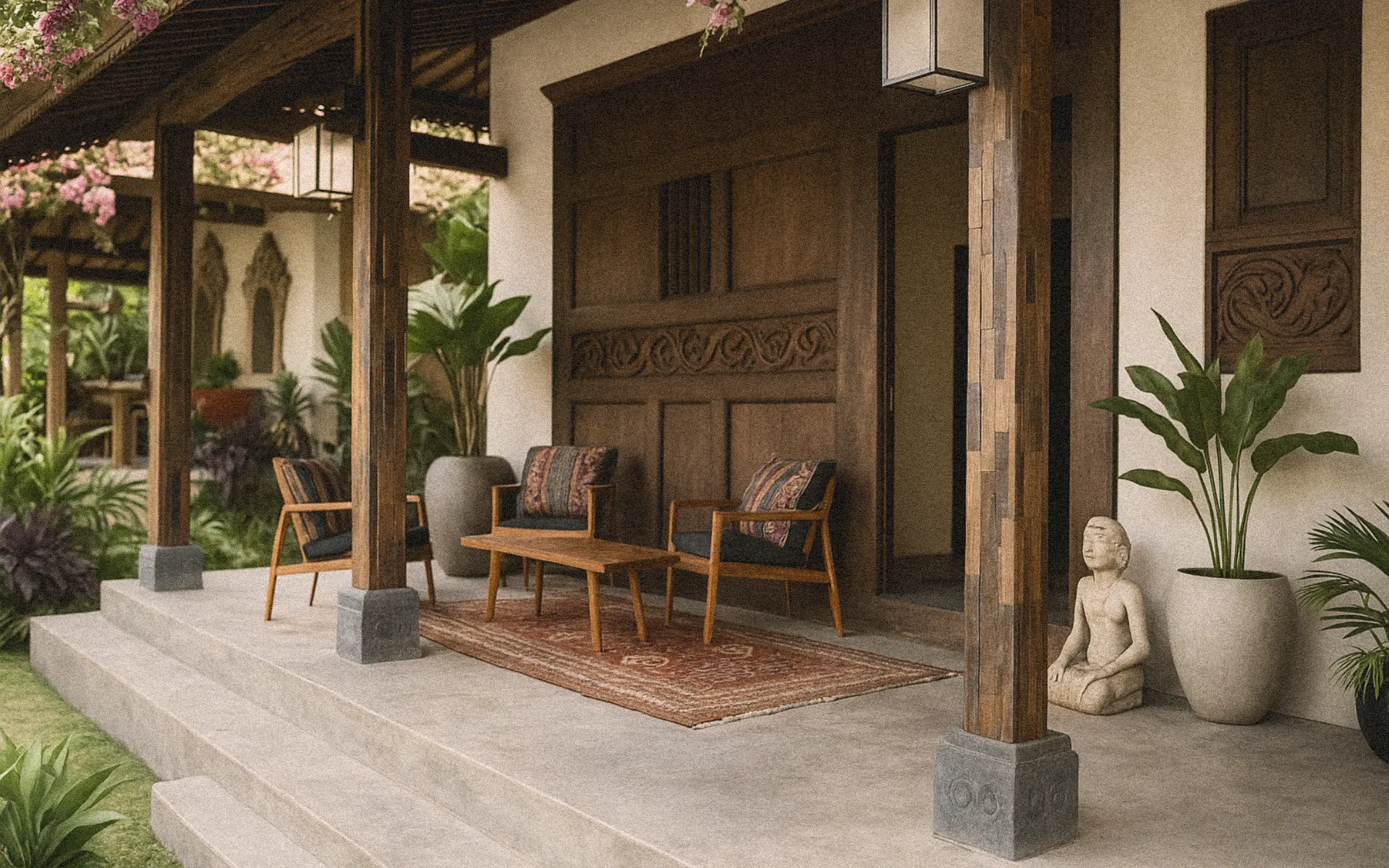 Renovated Balinese compound patio with mid-century furniture, kilim rug, and lush landscaping.