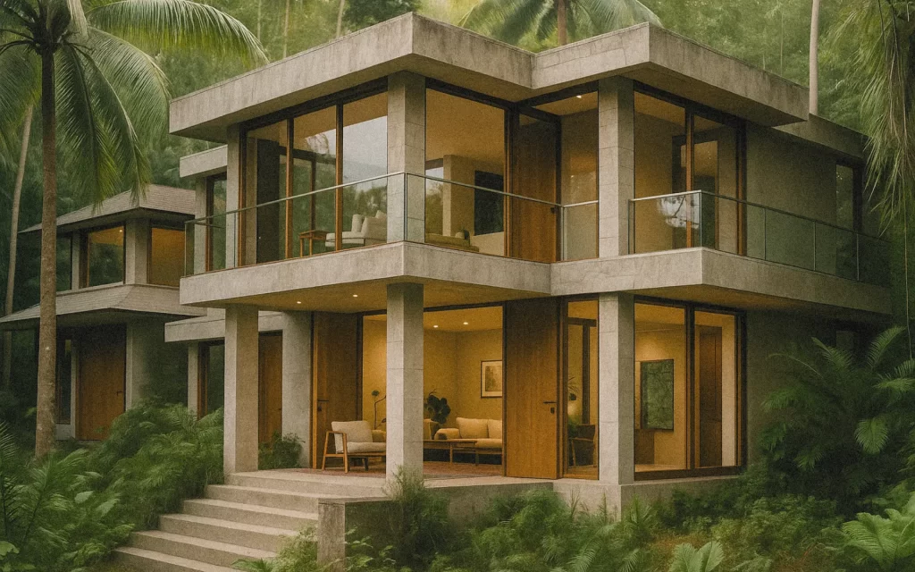 Renovated tropical modernist Bali villa with polished concrete, wood doors, and glass windows in the jungle.