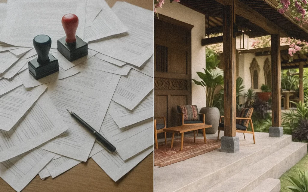 Side-by-side image of messy renovation papers and a completed Bali house with tasteful natural outdoor design.