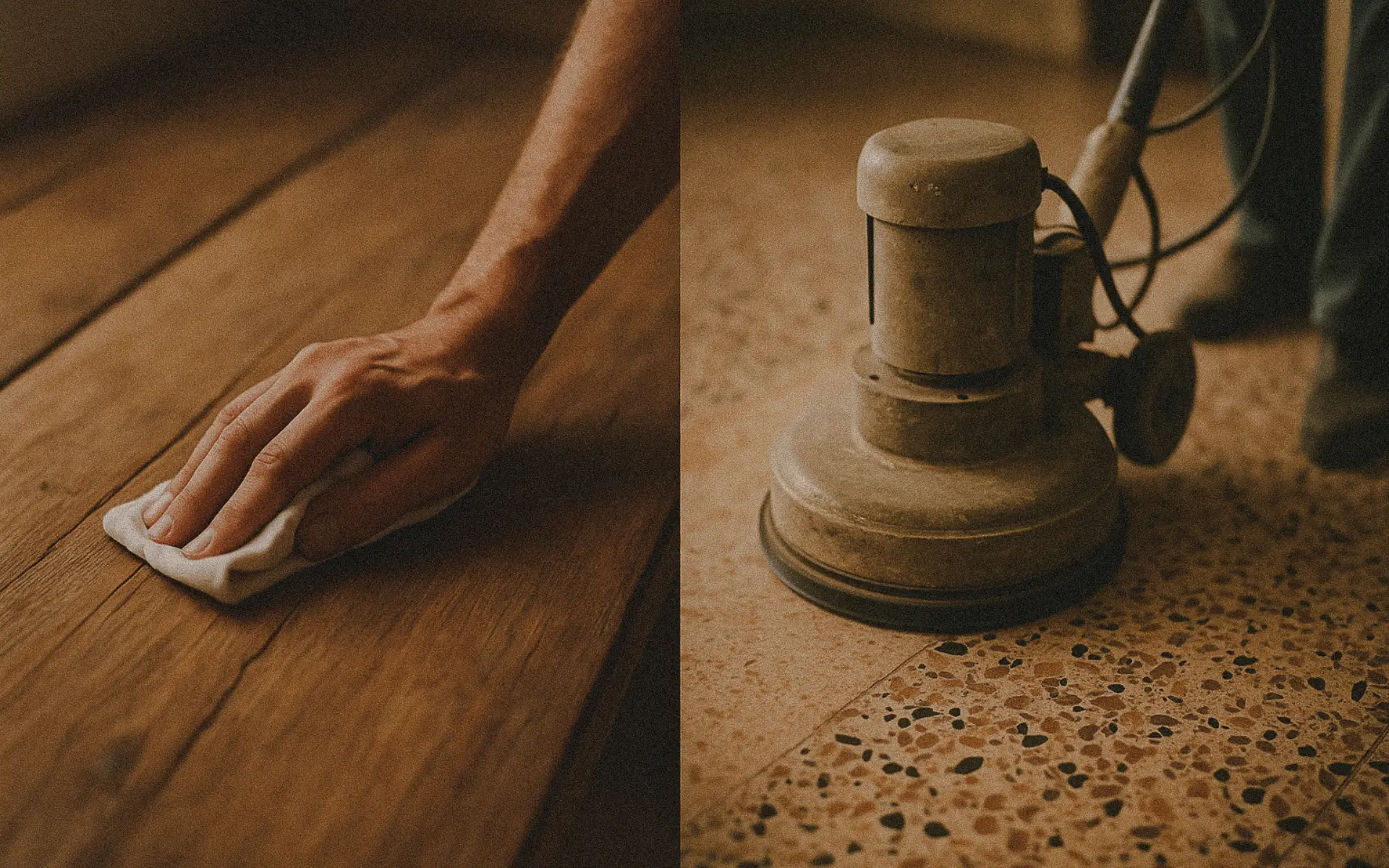 Polished reclaimed teak and vintage terrazzo floor in a Bali villa.