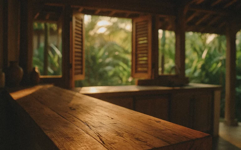 Sustainable Bali villa design with reclaimed teak countertop and tropical greenery.