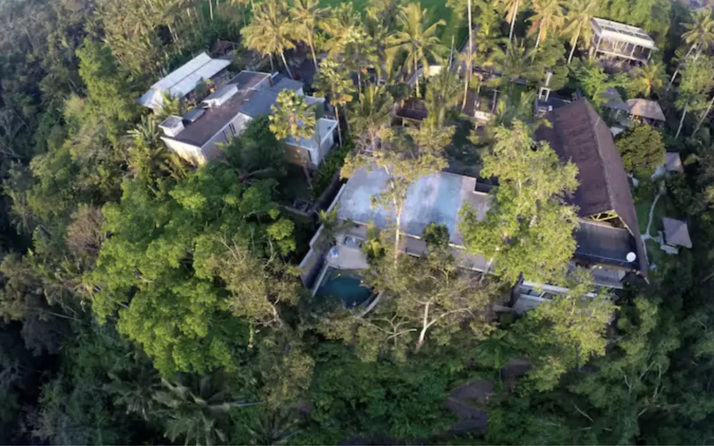 Aerial view of RiverView Gardens property surrounded by lush Ubud jungle