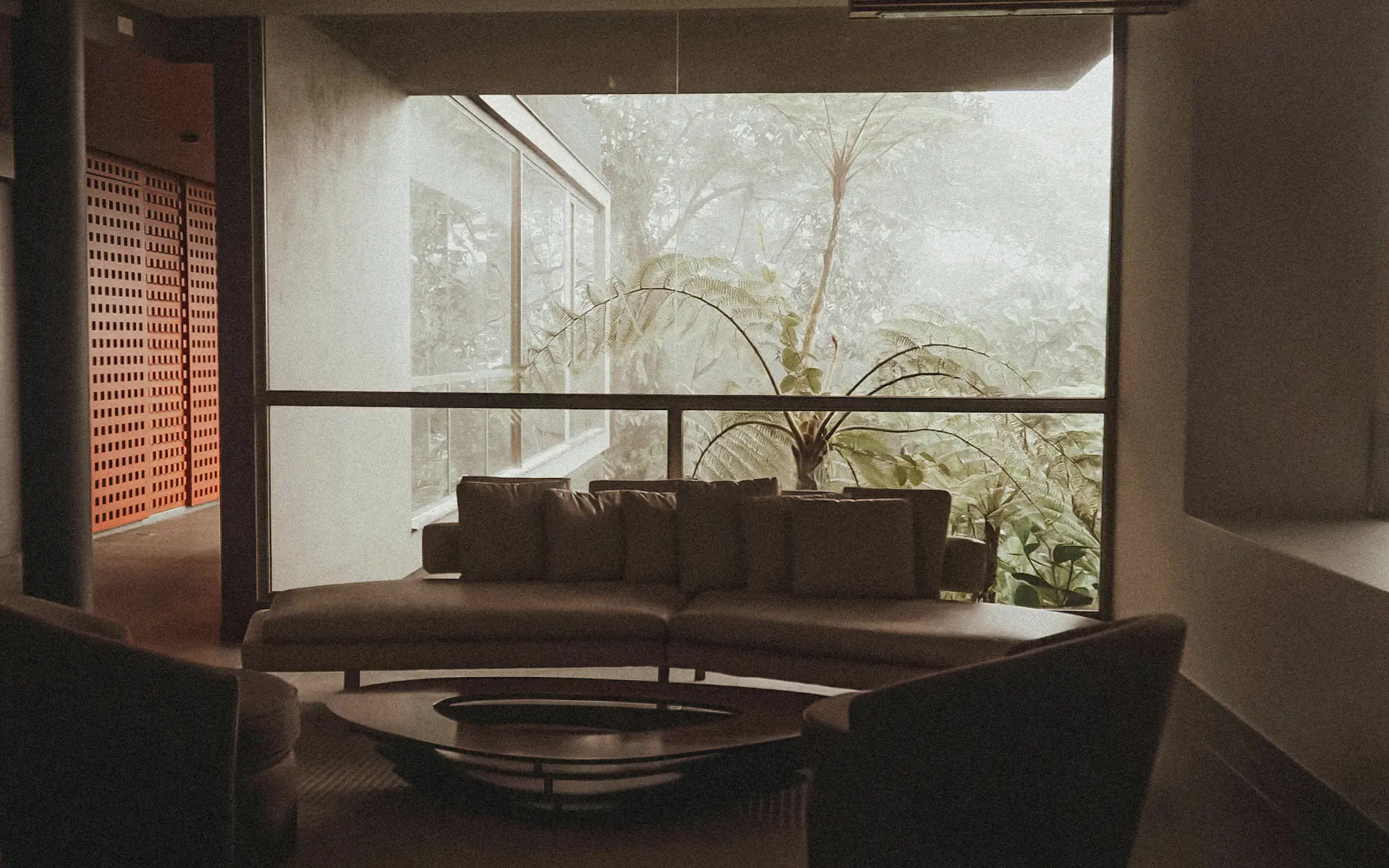 Tropical brutalist living room with exposed concrete, soft daylight, and a large window overlooking dense foliage.