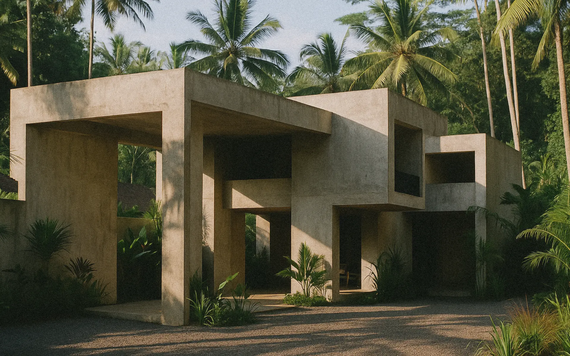 Brutalist concrete villa surrounded by tropical jungle palms in Bali.