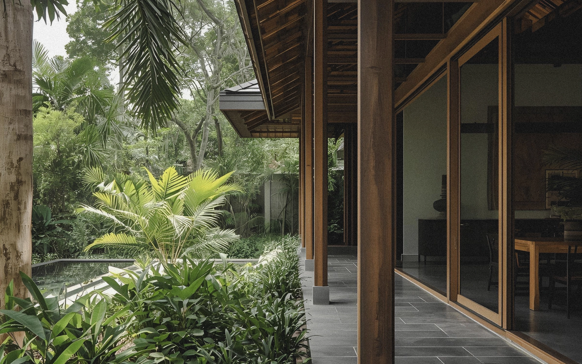 Refurbished Balinese compound with a modern teak-and-concrete poolside patio in warm earth tones.