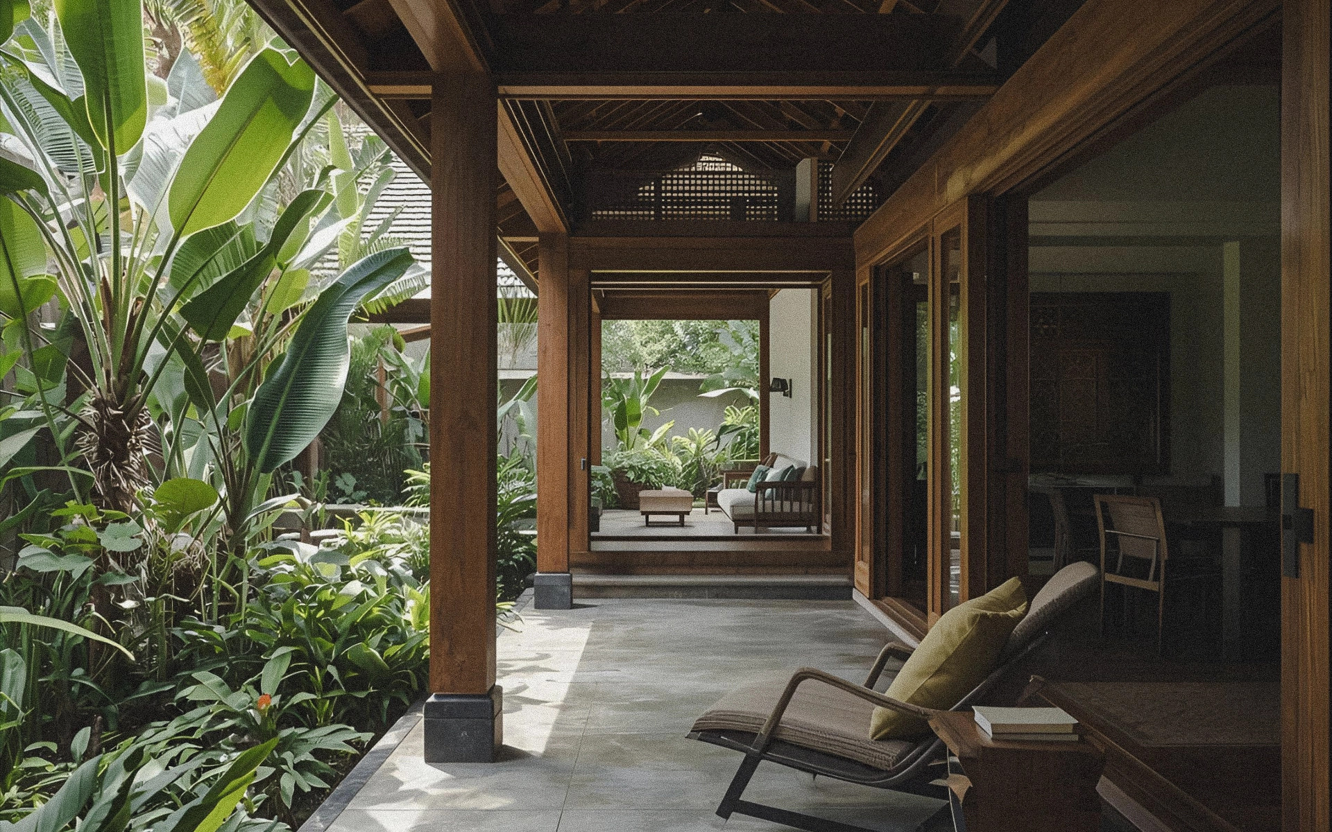 bali villa exterior with concrete walkway, wood beams, and open glass doors