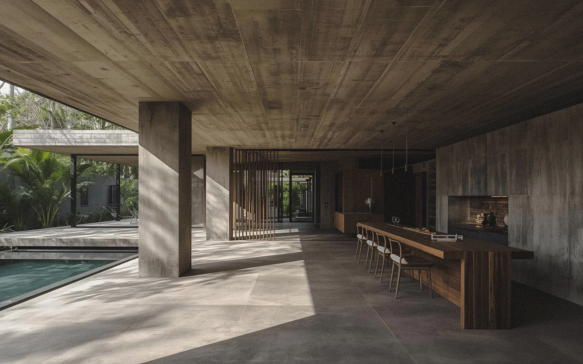Minimalist tropical brutalist courtyard with a central pool, exposed concrete, and warm wood accents.