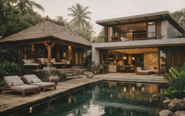 Design-led Bali home with clean architecture, tropical foliage, and warm interior light at sunset