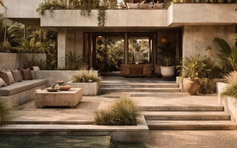 Tropical brutalist villa in Bali with exposed concrete, hanging plants cascading from balconies, and a concrete courtyard seating area