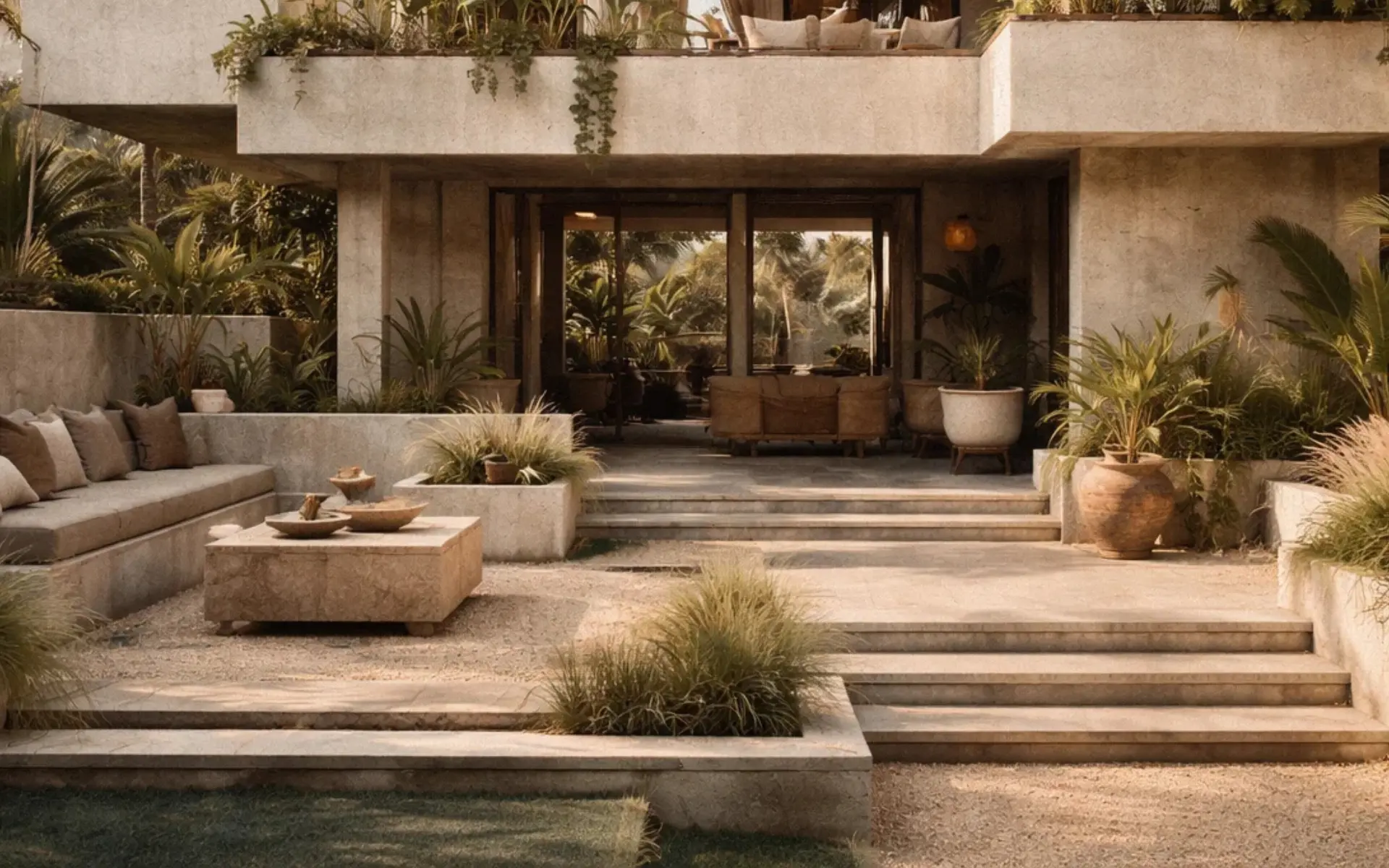 Tropical brutalist villa in Bali with exposed concrete, hanging plants cascading from balconies, and a concrete courtyard seating area
