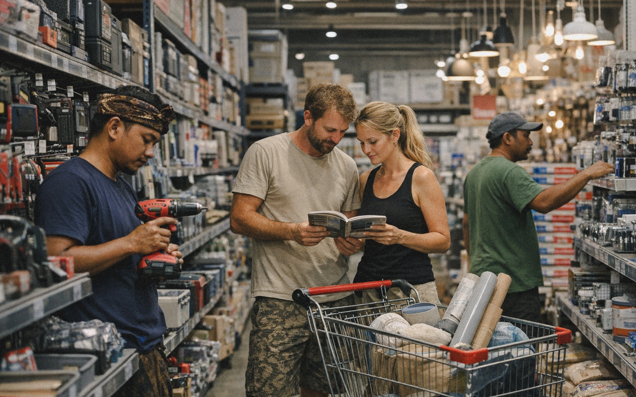 Shoppers sourcing tools and building materials in a Bali hardware store