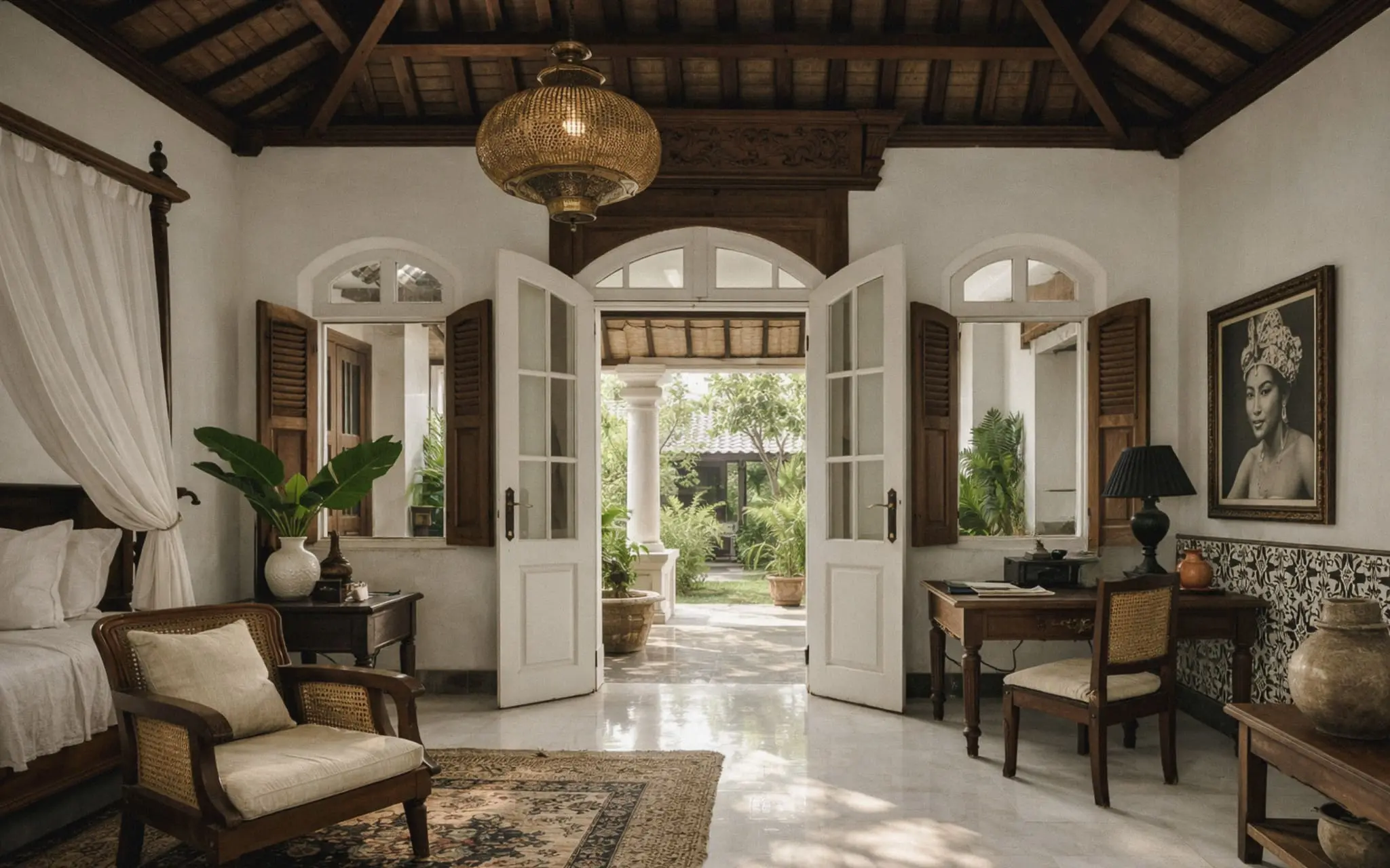 Colonial-style tropical interior with marble flooring, exposed wooden beam ceiling, wicker chair, vintage rug, and open doors leading to a lush garden.