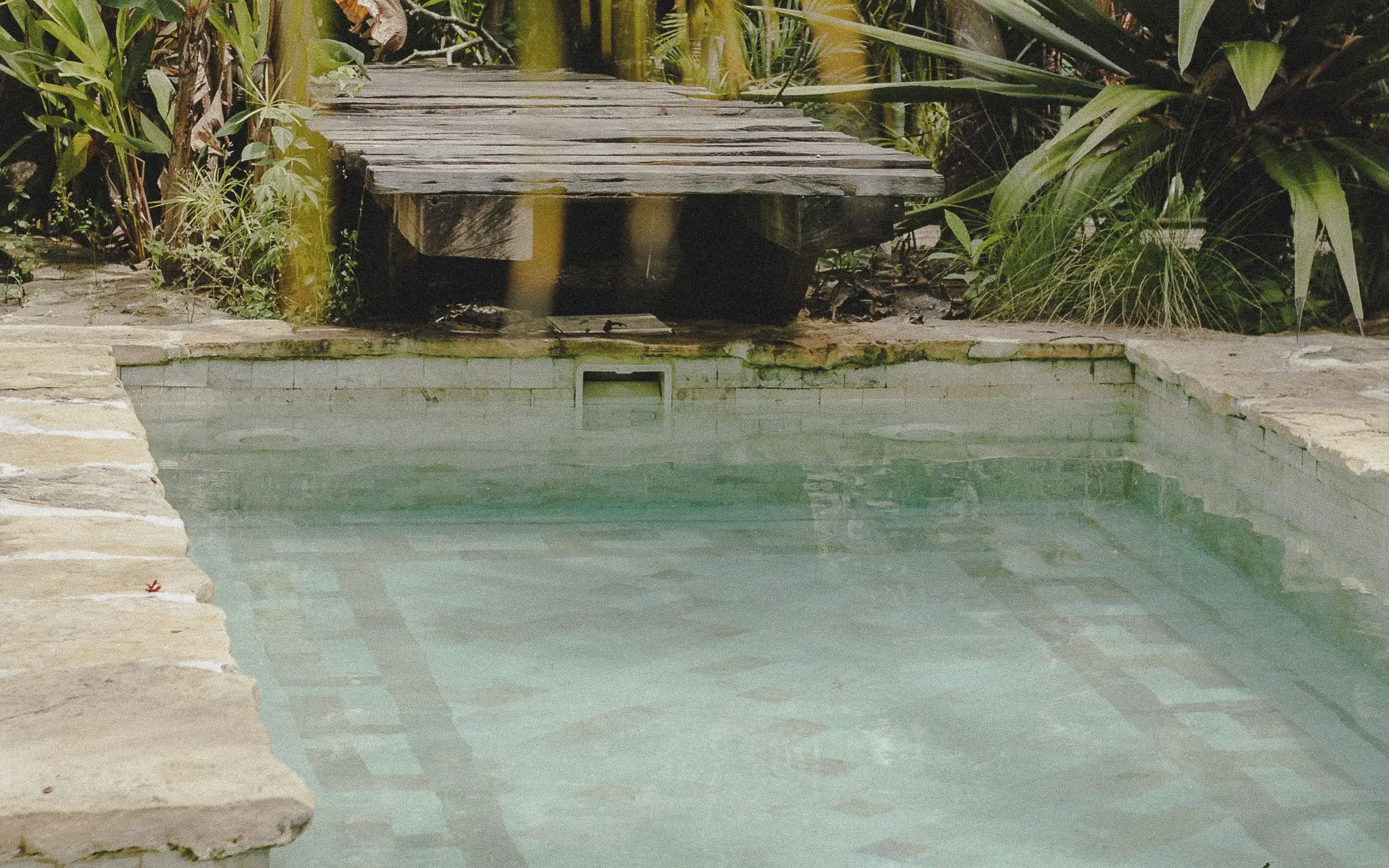 Rustic limestone pool with wooden bench and overgrown greenery, evoking the charm of heritage Bali compounds